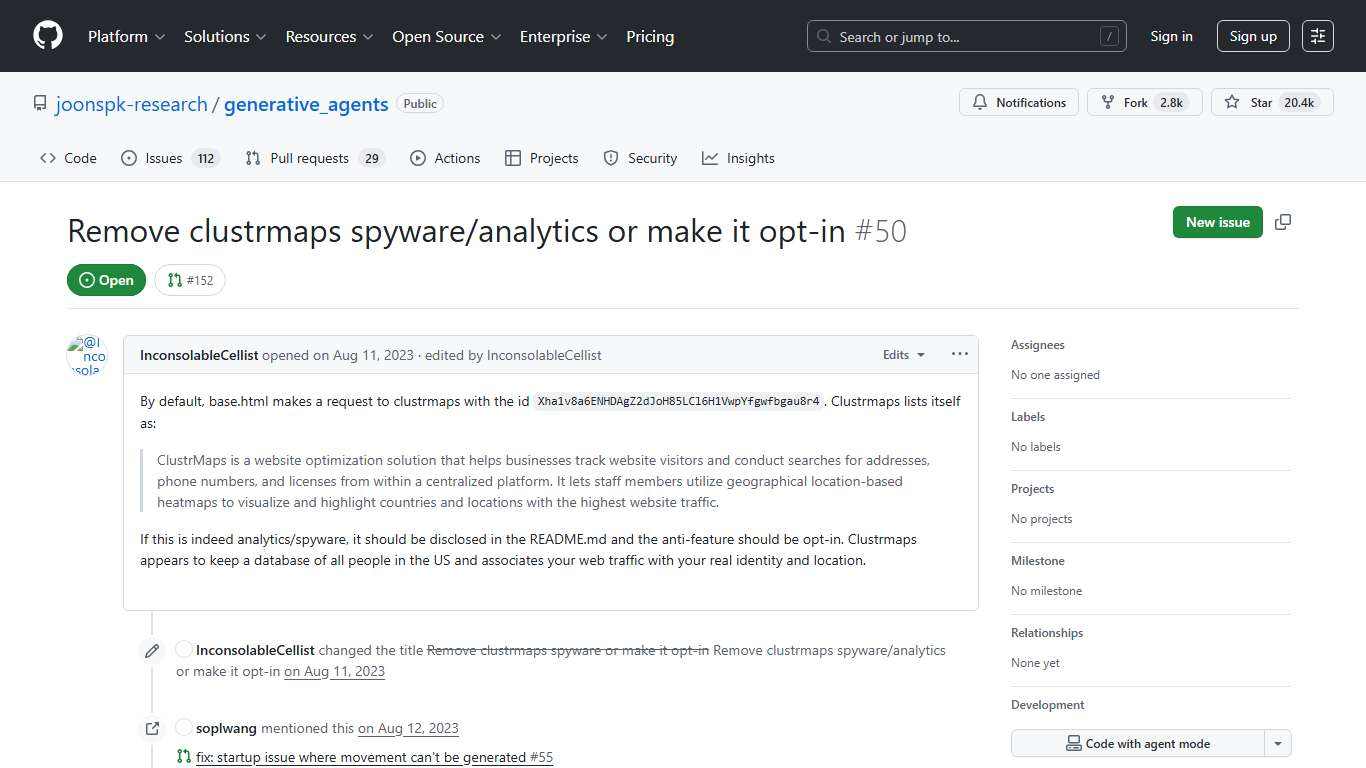 Remove clustrmaps spyware/analytics or make it opt-in · Issue #50 · joonspk-research/generative_agents